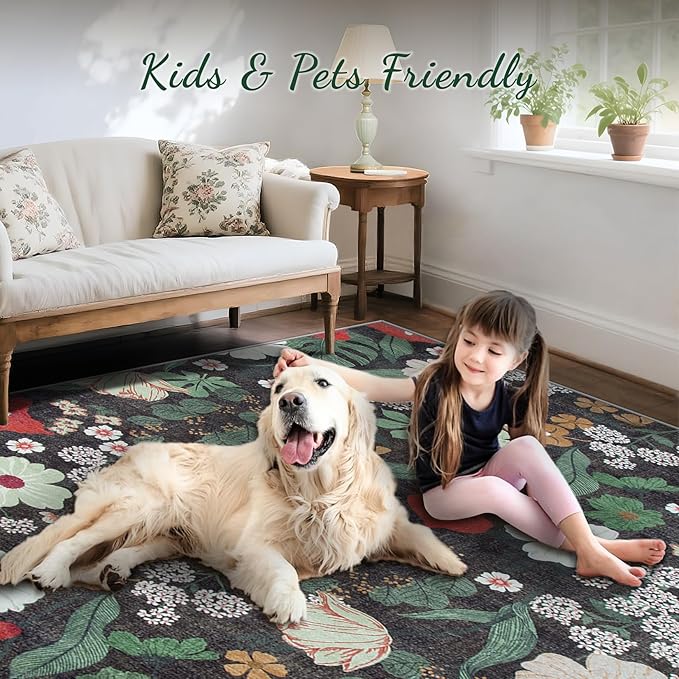 9x12 Area Rug for Living Room: Vintage Floral Washable Rug Soft Boho Non Slip Carpet Large Indoor Floor Non Shedding Low Pile Thin Carpets for Bedroom Dining Room Farmhouse Nursery Home Office Green