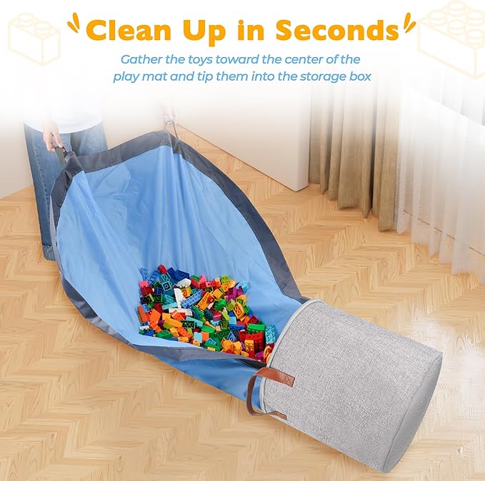 SAM AND MABEL XXL Toy Storage Organizer with Play Mat – 15" x 15" x 16" Storage Bin for Kids Playroom, Foldable Fabric Bag and Basket for Nursery (Gray)