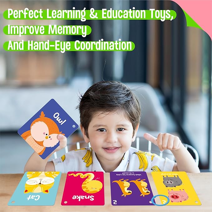 Animal Flashcards, 50 Double-Sided Cards, Wild/Farm/Marine Animal Cards Educational Learning Tools for Preschool and Toddlers Learning (2 Reclosable Rings Attached)