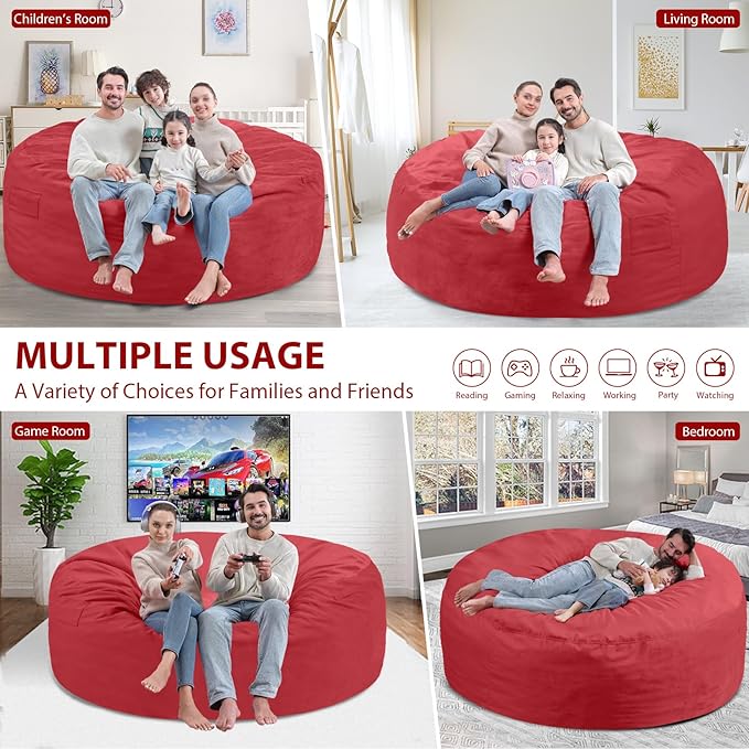 6FT Bean Bag Chair, Large Bean Bag Chairs with Memory Foam Filled, Fluffy Beanbag Sofa with Dutch Velvet Cover, Round BeanBag Chairs for Living Room, Playroom - Red