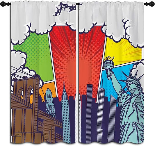 City Rod Pocket Blackout Curtains for Boy Girl Bedroom, Pop Art Style New York Cityscape Home Energy Efficient Light Filtering Window Curtain for Living Room, 63x63 inch