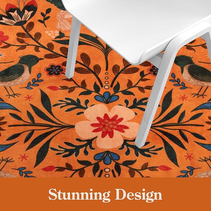 Moynesa Boho Area Rugs 9x12 Living Room, Machine Washable Ultra Thin Soft Bedroom Rug, Indoor Bird Floral Pattern Print Large Orange Carpet for Hardfloor Dining Room Under Table Playroom