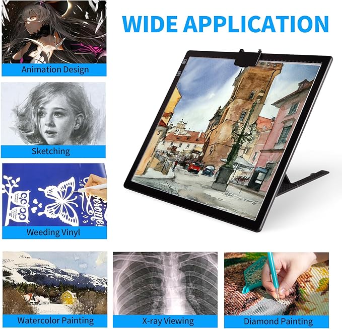 KOBAIBAN Wireless A3 Light Pad with Carry Bag, Foldable Stand, Top Clip, 3 Colors/Stepless/6-level Dimmable Brightness Rechargeable tracing Light Box/Board for Cricut Weeding Vinyl, Diamond Painting