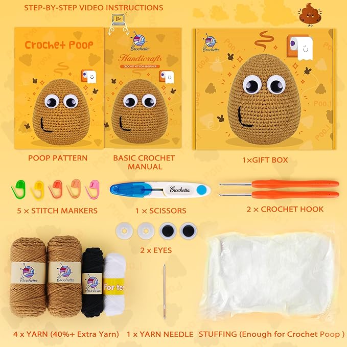 Crochetta Crochet Kit for Beginners, Crochet Kit w Step-by-Step Video Tutorials, Crochet Starter Kit Learn to Crochet Kits for Adults Kids Beginners, Crochet Poop (40%+ Yarn)