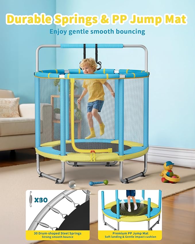 55” Trampoline for Kids, Powder-Coated Mini Trampoline for Toddlers, Indoor Outdoor Toys with Adjustable Gymnastics Bar, Swing, Basketball Hoop, Birthday Gifts for Boys & Girls Ages 1-8