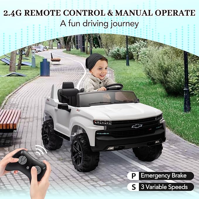 Hetoy 24V 2-Seater Truck Licensed Chevrolet Silverado Ride On Car Toy w/Parent Remote Control,4xSpring Suspension, 3 Speeds, Wireless Music, MP3 Player, Electric Vehicle Car for Kids, White