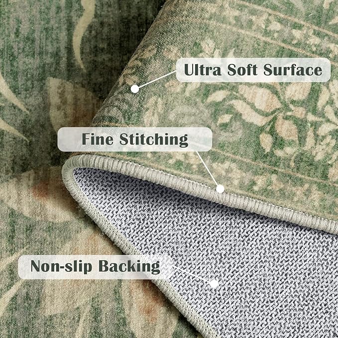 jinchan Vintage Floral Runner Rug 2x5 - Machine Washable Distressed Design Non-Slip Low-Pile Soft Thin Carpet for Hallway Kitchen Farmhouse Bedroom Entryway Laundry Room (2x5ft,Dark Green)