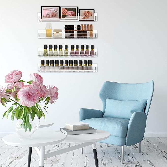 8 Pack 15 Inch Clear Acrylic Shelves, Clear Kids Floating Bookshelf for Kids Room, Modern Nail Polish Rack Sunglasses Essential Oil Picture Ledge Display Toy Storage Wall Shelf