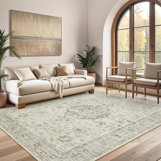 LIVEBOX Washable Area Rug 5x7 Rugs for Living Room Bedroom, Non-Slip Boho Indoor Carpet for Dining Room Office, Low-Pile Farmhouse Soft Carpets for Kids Nursery Room Playroom, Taupe