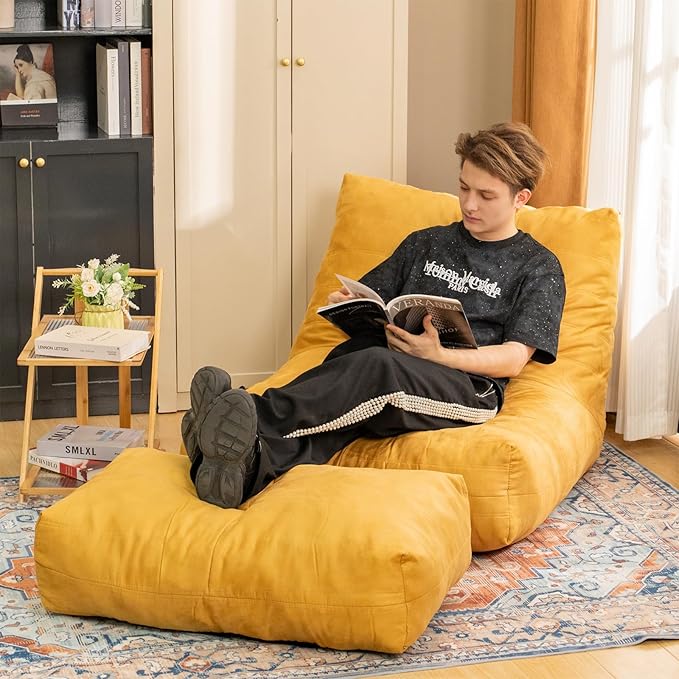 Bean Bag Chair with Ottoman, Comfy Bean Bag Sofa with Memory Foam, Lazy BeanBag Sofa with Footstool, Fireside Bean Bag Couch for Living Room, Bedroom, Apartment