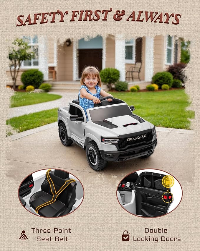 Licensed Ram 1500 RHO 12V Kids Ride on Truck, Toddler Ride on Toys with Remote Control, Children Electric Vehicles with Truck Bed Storage, Smooth Start, Music, Bluetooth (White)
