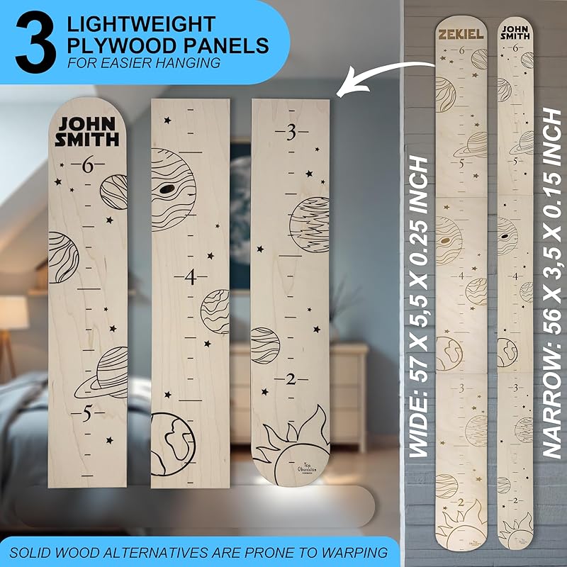 Wooden Height Chart for Wall - Personalized Boy Growth Chart, Custom Name Space Ship Theme Height Ruler Wood, Nursery Growing Wall Meter for Children, Large Baby Growth Chart Solar System, 2 Sizes