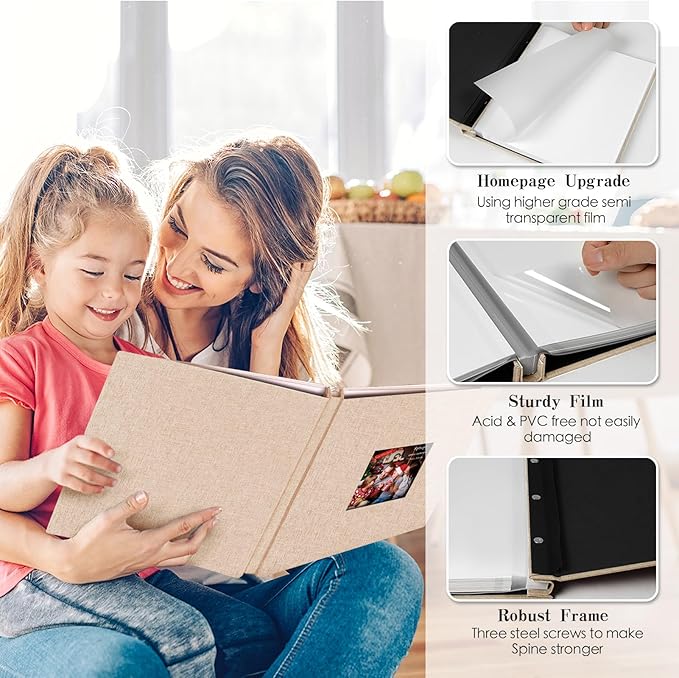 Spbapr Large Photo Album Self Adhesive 60 Pages Linen cover DIY Magnetic Scrapbook album with A Metal Pen Hold 4x6 5x7 6x8 8x10 10x12 Pictures Khaki
