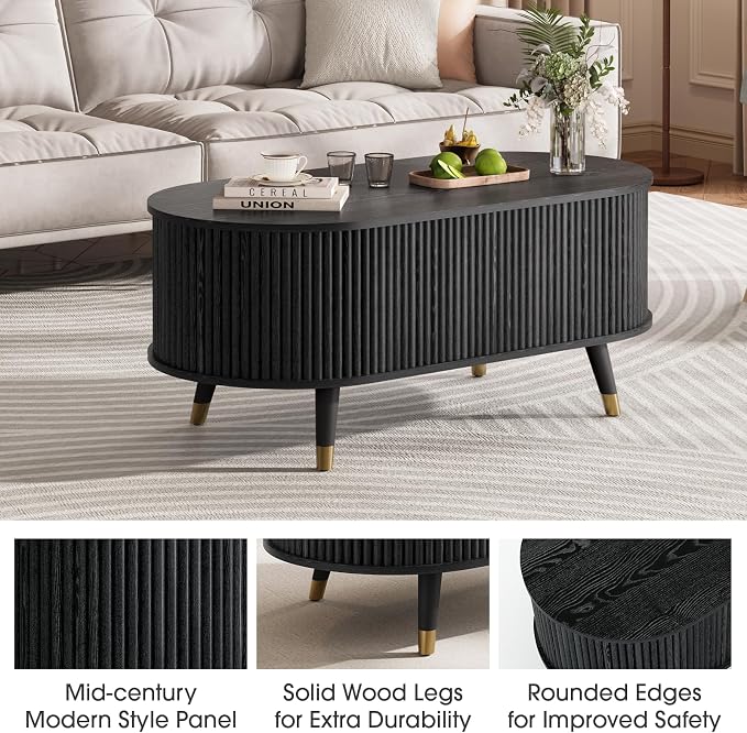 SULIVES Oval Coffee Table with Storage, Small Fluted Center Table - Image 4