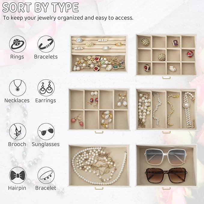 AKOZLIN Large 6-Tier Jewelry Box Lockable Leather Jewelry Storage Case with 5 Drawers for Women Girls Ring Necklace Earring Bracelet Holder Organizer with Mirror