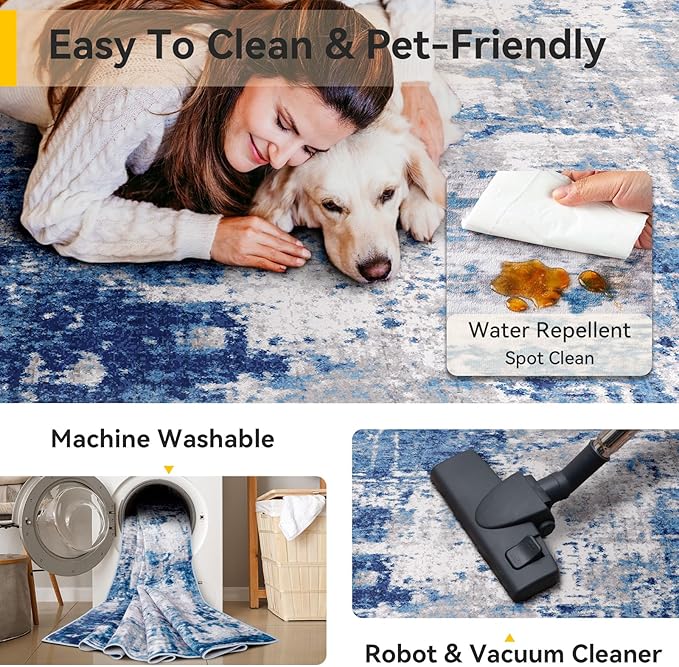 Washable Area Rugs 4ft Non-Slip Modern Abstract Soft for Living Room Entryway Bedroom Nursery, Print Pattern, Blue Grey Navy Gray