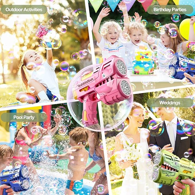 2 Pack Bubble Guns for Kids, Rechargeable LED Light Up Dinosaur Bubbles Machine Blower with 4 Bottles Refill Solution for Toddlers 4-8, Wedding Party Birthday Gift