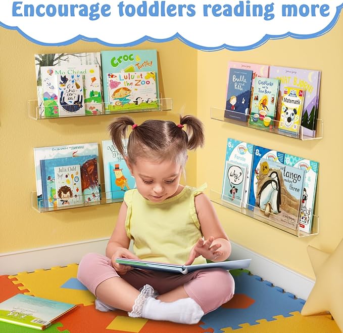 NIUBEE 36-Inch Acrylic Floating Bookshelves for Kids, 2-Pack, Extra-Large Wall Shelves for Expanding Book Collections and Family Spaces