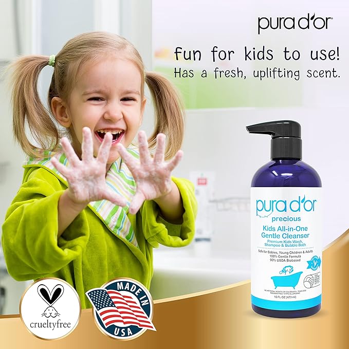 PURA D'OR 16 Oz Kids Wash - All-in-One Gentle Cleanser - USDA Biobased, Sulfate-Free, Tear-Less, Hypoallergenic, Premium, Shampoo & Bubble Bath