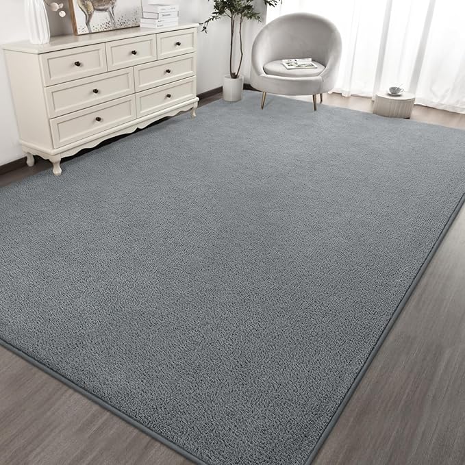 Kimicole 7x10 Washable Area Rugs for Living Room Bedroom, Large Low Pile Ulta-Thin Solid Color Rug, Non-Slip Soft Fluffy Carpet for Nursery Kids Room Dorm Room Home Decor (Grey)