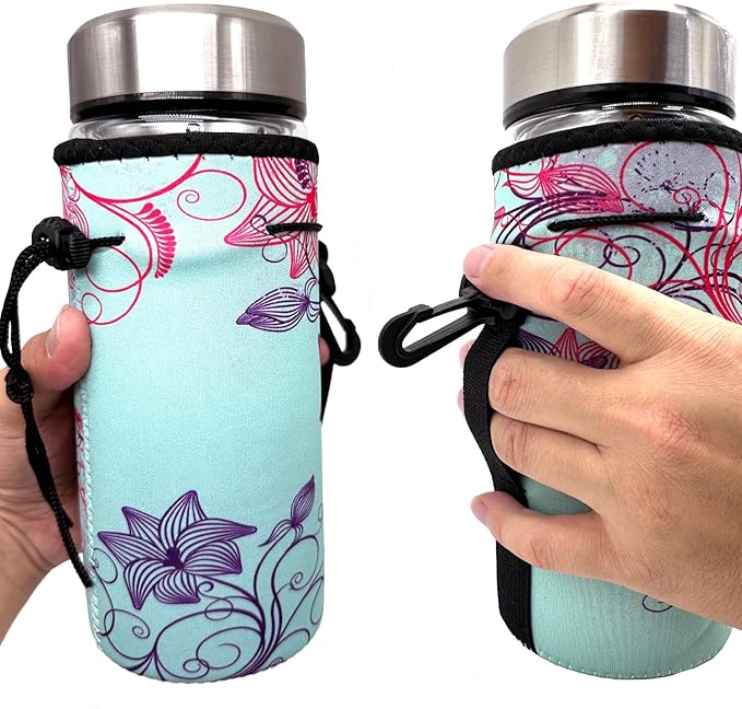 Neoprene Sleeve Bottle Carrier, Portable Insulator Cover - Drawstring Insulator for 18/20 Oz Water Bottle (Flower)