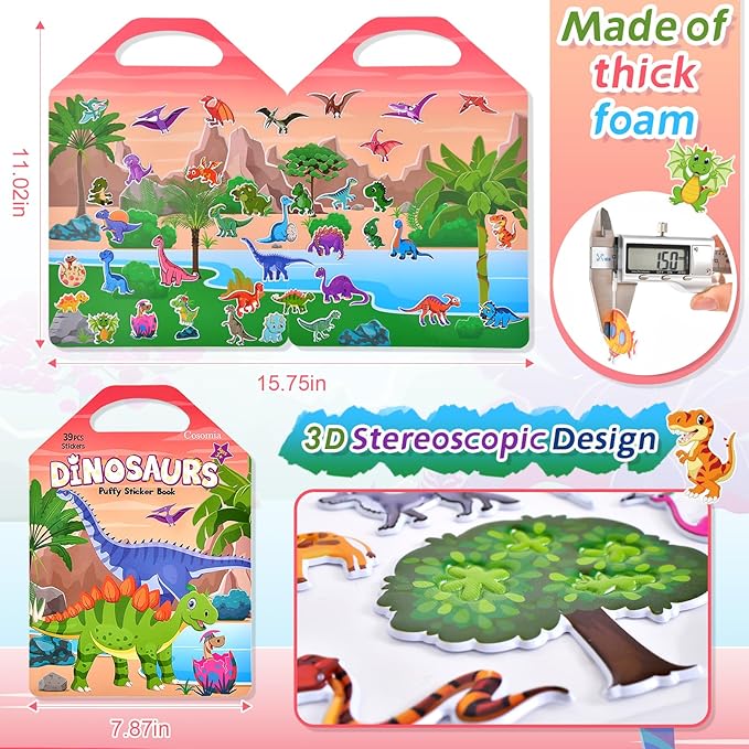 6 Set (260pcs) Puffy Sticker Books Activity for Kids, Animal, Farm, Dinosaurs, Space, Vehicle, Ocean, 3D Reusable Stickers for Boys and Girls, Travel Sticker Books for Kids Ages 3+