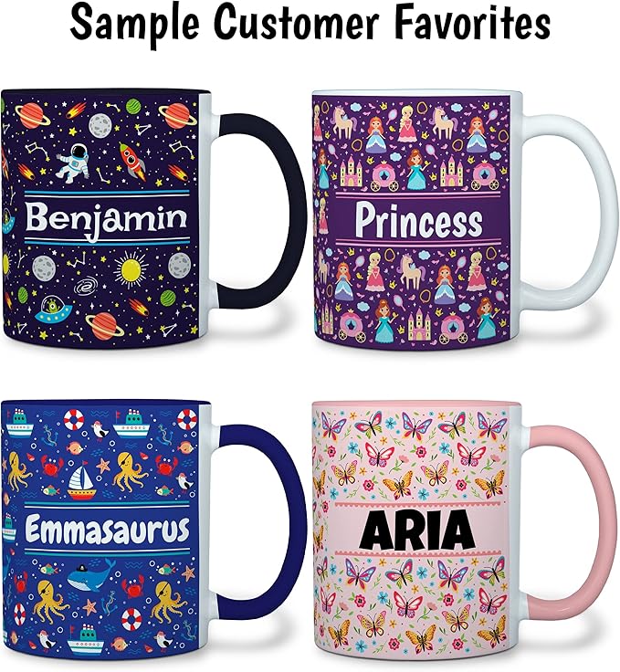 Personalized Mug for Kids - Mermaids - Custom Name/Text, Ceramic Hot Chocolate/Cocoa/Coffee Cup for Girls, Birthday/Christmas/Holiday Gift - 11 oz, Red Handle