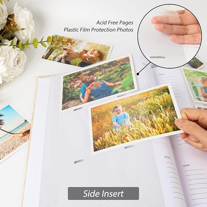 RECUTMS Photo Album for 4x6 Pictures,Leather Cover with Front Window,50 Sheets Small Slip-in Photo Book 300 Photos with Writing Space for Wedding Family Baby Graduation (Beige)