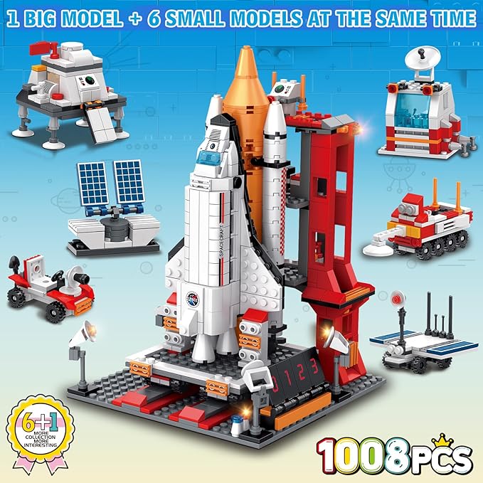 Space Exploration Shuttle Toys for 8-12 and 8-14 Years Boys Kids, 1008pcs 7 Models Aerospace Building Set with Heavy Transport Rocket and Launcher, Educational Construction Toy