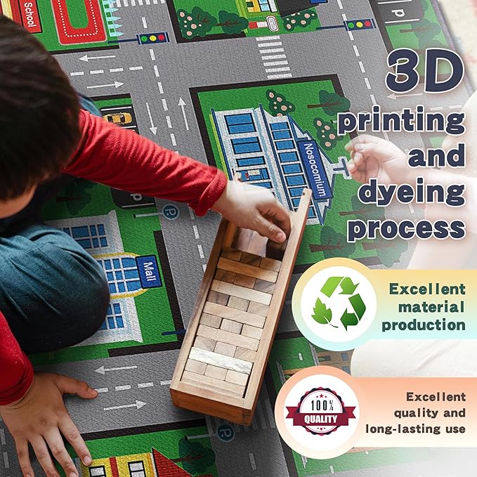 Fun Car Play Area Carpet Car Mat 59"x39" Play Rug for Playroom Town City Road Map for Boys Bedroom Non-Slip Washable