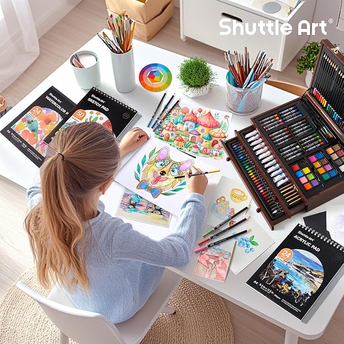 Shuttle Art Deluxe Gift Art Kit, 202-Piece Wooden Art Supplies Set with 4 Drawing Pads, Canvases, Coloring Sheets, Acrylic Paint, Crayons, Oil Pastels, Colored Pencils for Kids