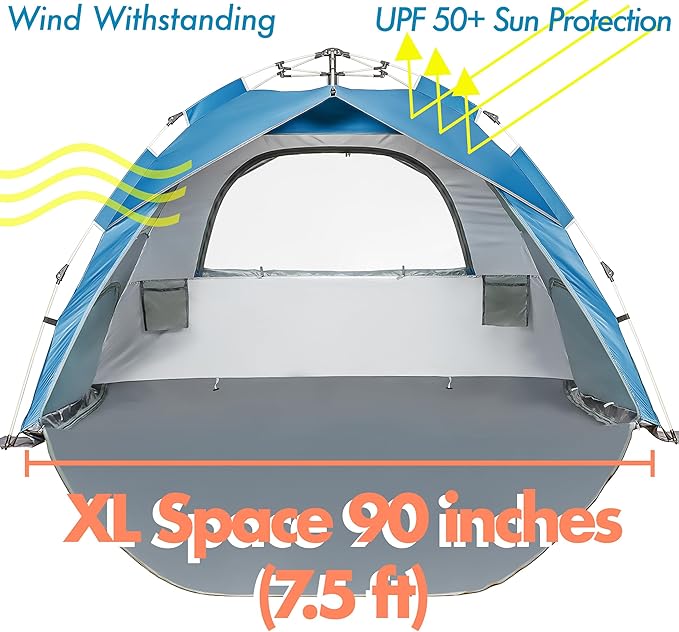 Beach Tent Pop Up Beach Sun Shade Tent with UPF 50+ UV Protection, Removable Floor Zippered Privacy & Ventilation Sun Shelter Family 3 to 4 Person