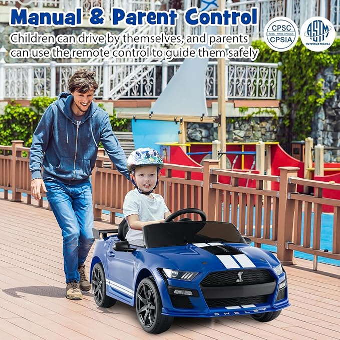 Costzon Ride on Car, 12V Licensed Ford Mustang Shelby GT500 Kids' Electric Vehicles w/Remote Control, USB Port, Radio, Music, Player, High Low Speed & Soft Start, Racing Kids Car for Toddler (Blue)
