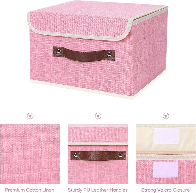 ANMINY 2PCS Storage Bins with Lid PU Leather Handles Storage Boxes PP Plastic Board Decorative Foldable Lidded Cotton Linen Fabric Home Cubes Baskets Closet Organizer Containers - Pink, Small Size