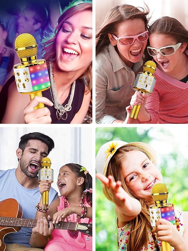 BlueFire 4 in 1 Karaoke Wireless Microphone with LED Lights, Portable Microphone for Kids, Great Gifts Toys for Kids, Girls, Boys and Adults (Gold)