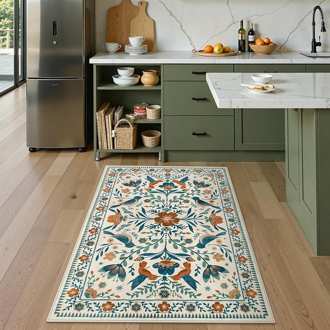 Moynesa Washable 3x5 Rug, Non Slip Kitchen Rugs Boho Bird Small Beige Living Room Area Carpet for Office Bedroom Bathroom, Indoor, Ultra Thin, Soft, Stain Resistant, Floral Entryway Mat