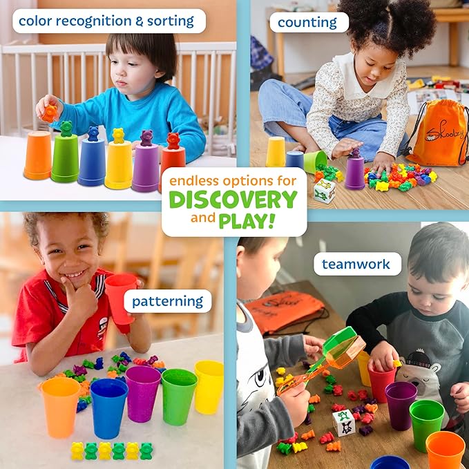 Skoolzy 60 pcs Rainbow Counting Bears 5 pk - Teddy Bear Bounters with 6 Color Sorting Cups, Math Games Dice Toy, Montessori Tong & 2 Storage Bags - Counting & Color Recognition Toys for Age 3+