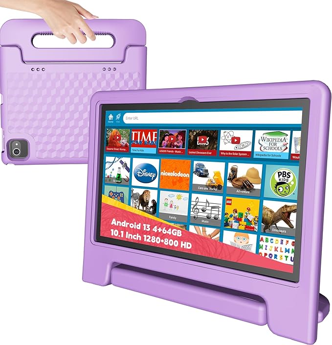 Kids Tablet 10 Inch, Tablet for Kids Android 13, 4GB+64GB, 8-Core CPU, WiFi 6, 12H Battery Life, Parental Control, 1280 * 800 HD Display, Dual Cameras, Shockproof Case, Pre-Installed Educational Apps