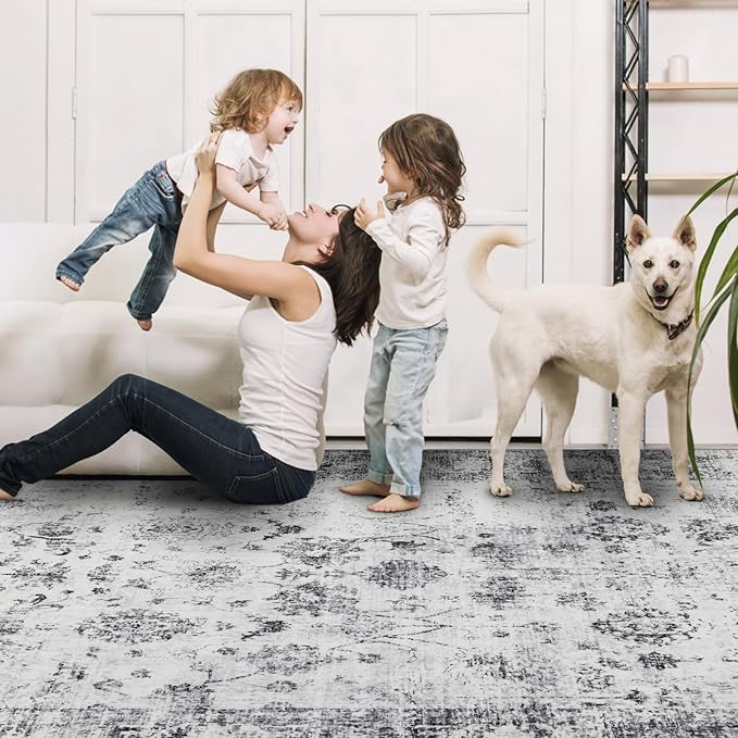 Washable Rugs 5x7 Area Rugs for Living Room, Thin Carpet for Bedroom, Soft Faux Wool Retro Dining Room Rug，Non Slip&Non-Shedding Resistant Low Pile Vintage Print Rug for Home Office (White/Grey)