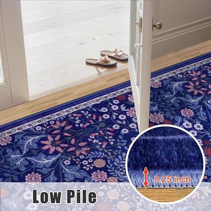 Runner Rug for Entryway: 2x10 Kitchen Rugs Non Slip Washable Ultra-Thin Soft Floral Carpet Indoor Floor Stain Resistant Carpets for Hallway Bedroom Kitchen Laundry Bathroom Dorm Blue