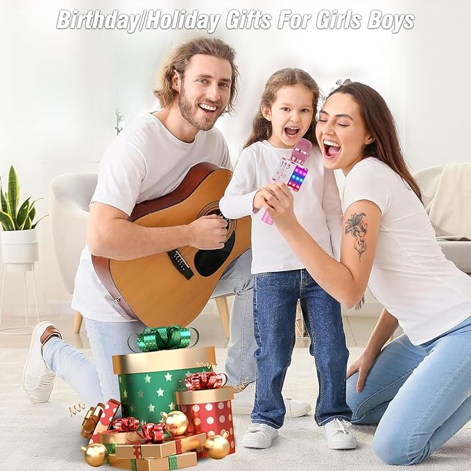 BONAOK Karaoke Microphone for Kids & Adults - Bluetooth Microphones Singing Mic with Disco Lights, Echo Effect, Built-in Speaker Portable Karaoke Player for Party Travel Gifts Q78(Light Pink)
