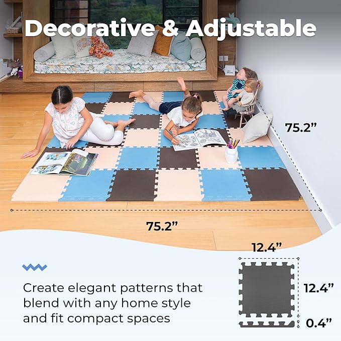 MioTetto Foam Floor Tiles for Kids - Non-Toxic Comfortable Baby Play Mat and Interlocking Foam Tiles, Fits with 74x74 Playpen Mat for Crawling & Development, Soft Play Mat for Babies 6-12 Months