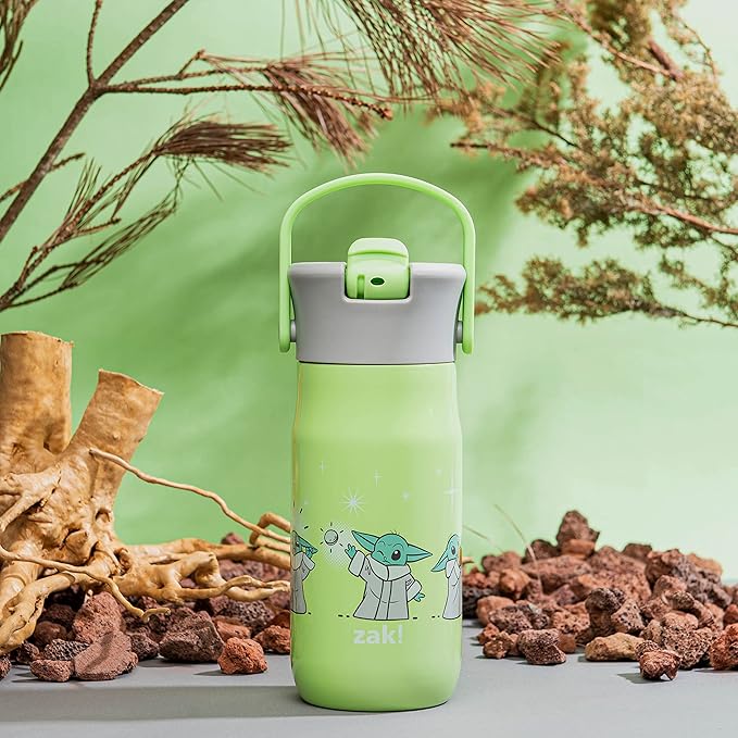 Zak Designs Harmony Star Wars The Mandalorian Kid Water Bottle for Travel or At Home, 14oz Recycled Stainless Steel is Leak-Proof When Closed and Vacuum Insulated (Baby Yoda, Grogu)
