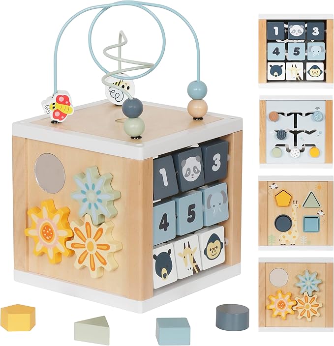 Wooden Activity Cube, 6-in-1 Montessori Toys for 1+ Year Old Boys & Girls, Educational Learning Toys for 1 2 3 Year Old Baby|Bead Maze|Shape Sorter|Mirror|Gear