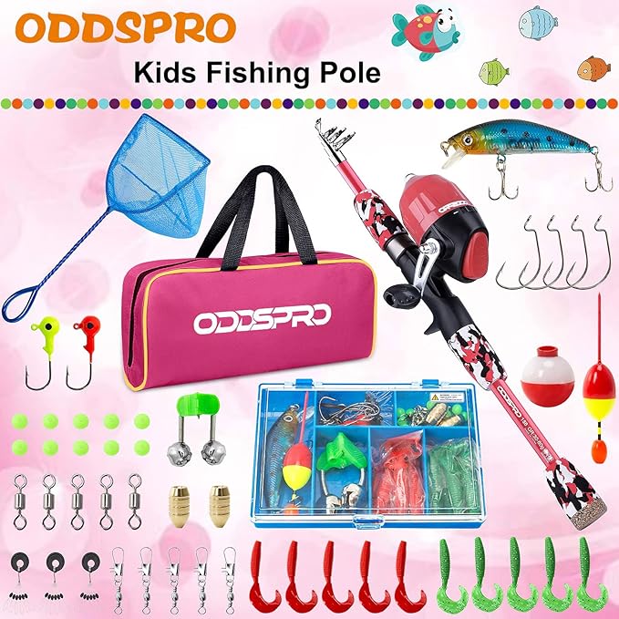 ODDSPRO Kids Fishing Pole Pink, Portable Telescopic Fishing Rod and Reel Combo Kit - with Spincast Fishing Reel Tackle Box for Girls, Youth