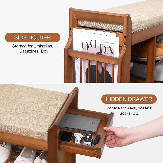 PETKABOO 31.5" Shoe Bench with Coat Rack Hidden Drawer and Side Holder - Image 3