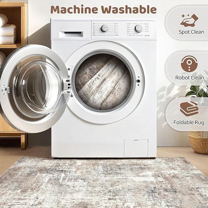 Round Rug Living Room Rugs: 6Ft Washable Circle Large Abstract Modern Soft Stain Resistant Non Slip Indoor Floor Carpet for Bedroom Nursery Office Dining Room Dorm Home House Decor- Brown