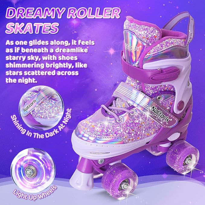 Nattork Kids Roller Skates for Girls Kids, 4 Sizes Adjustable Girls Roller Skates for Ages 3-12 with Light up Wheels & Safety Protection - Cool Birthday Gift for Indoor Outdoor Sports