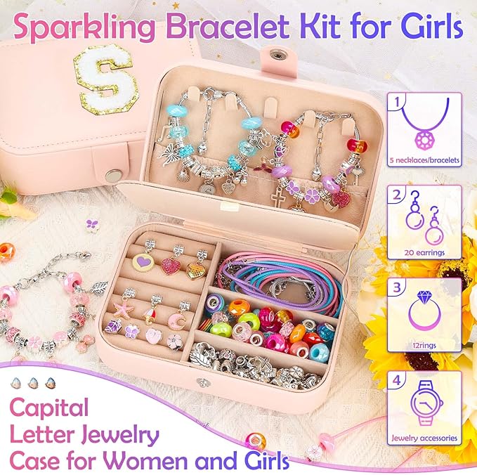 Charm Bracelet Making Kit with Bracelet Organizer Box Beads Mermaid Pendants for Jewelry Making DIY Craft Kit for Birthday Gifts Valentine Christmas
