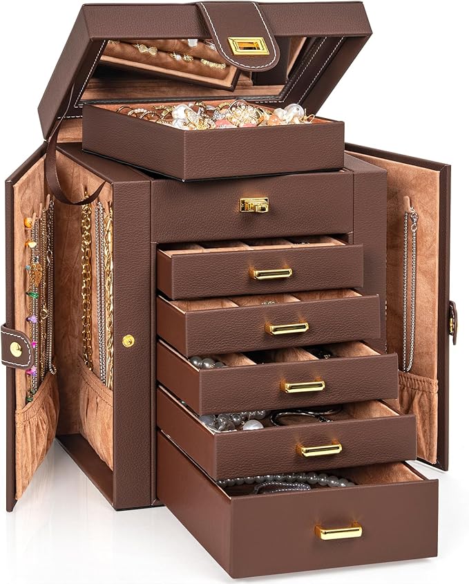 AKOZLIN Jewelry Box Organizer Functional Leather Jewelry Storage Case for Women Girls Ring Necklace Earring Bracelet Holder Organizer with Mirror Brown